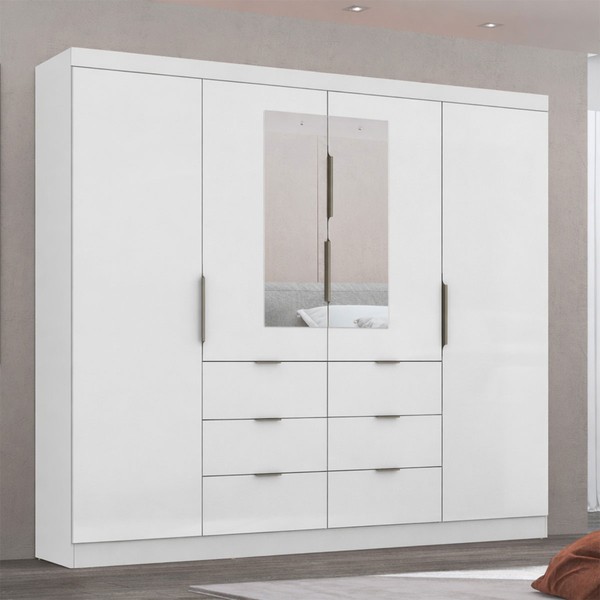 Guarda-Roupa Casal Desc 4 Portas 6 Gavetas com Espelho Branco - Pnr Móveis