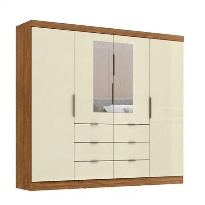 Guarda-Roupa Casal Desc 4 Portas 6 Gavetas com Espelho Cinamomo/Off White - Pnr Móveis