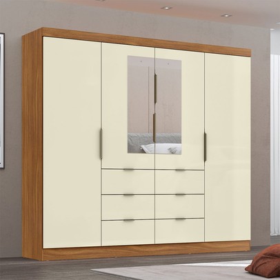 Guarda-Roupa Casal Desc 4 Portas 6 Gavetas com Espelho Cinamomo/Off White - Pnr Móveis