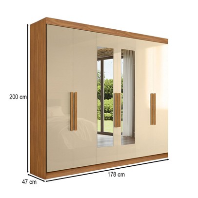 Guarda-Roupa Casal Monte 6 Portas 2 Gavetas 100% Mdf com Espelho Cinamomo/Off White - Pnr Móveis