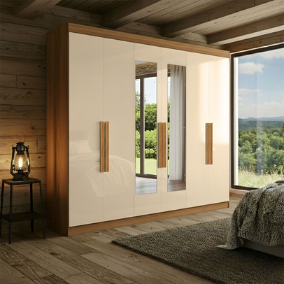 Guarda-Roupa Casal Monte 6 Portas 2 Gavetas 100% Mdf com Espelho Cinamomo/Off White - Pnr Móveis
