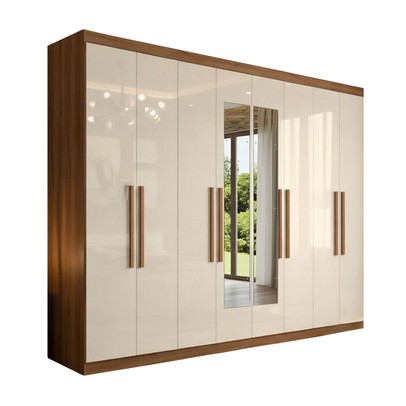 Guarda-Roupa Casal Monte 8 Portas 4 Gavetas 100% Mdf com Espelho Cinamomo/Off White - Pnr Móveis