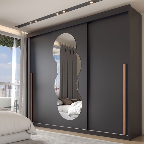 Guarda-Roupa Casal Circle 3 Portas 6 Gavetas com Espelho Preto - Panorama Móveis