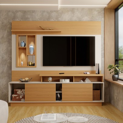 Estante para TV Até 60 Polegadas Cine 2 Portas com Led Nature/Off White - Panorama Móveis