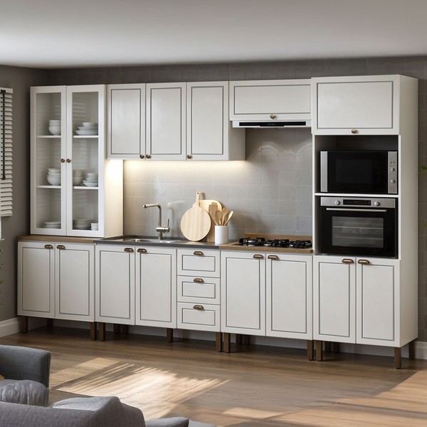Cozinha Completa Conecta Frizz 15 Portas 3 Gavetas com Vidro e Pés Cm0124 Branco - Genialflex