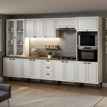 Cozinha Completa Conecta Frizz 15 Portas 3 Gavetas com Vidro e Pés Branco - Genialflex
