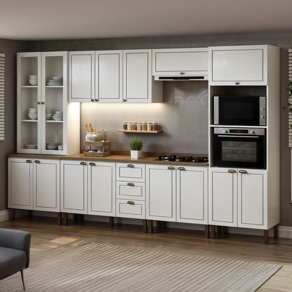 Cozinha Completa Conecta Frizz 15 Portas 3 Gavetas com Vidro e Pés Branco - Genialflex
