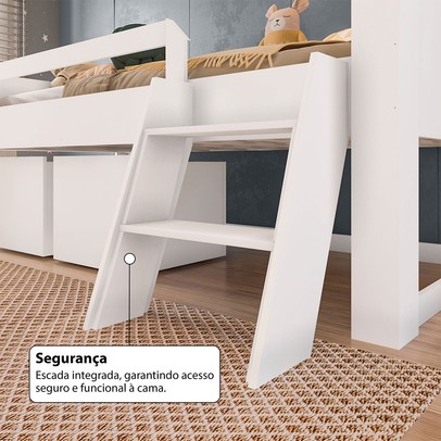 Cama Infantil Yuuk 2 Baús com Escada Branco - Pnr Móveis