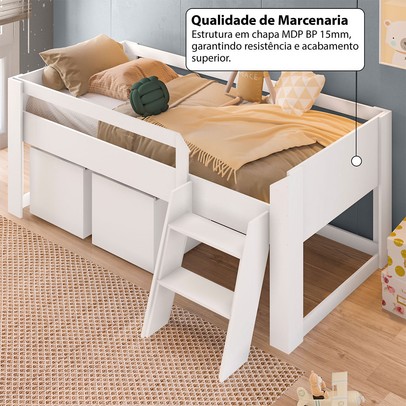 Cama Infantil Yuuk 2 Baús com Escada Branco - Pnr Móveis