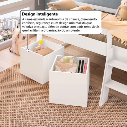 Cama Infantil Yuuk 2 Baús com Escada Branco - Pnr Móveis