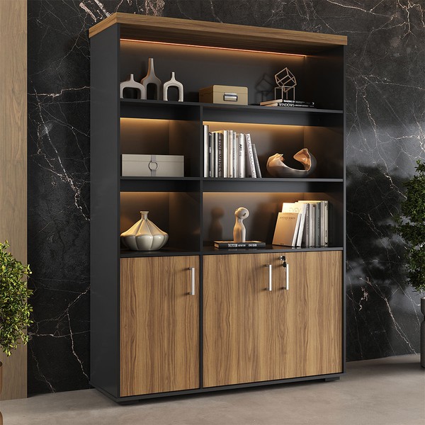 Armário para Escritório Tamburato com Led Nogal/Preto - Artany Movéis