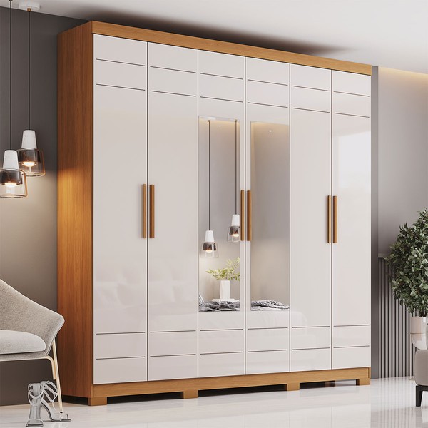 Guarda-Roupa Casal Flora 6 Portas 3 Gavetas com Espelho Cinamomo/Off White - Henn
