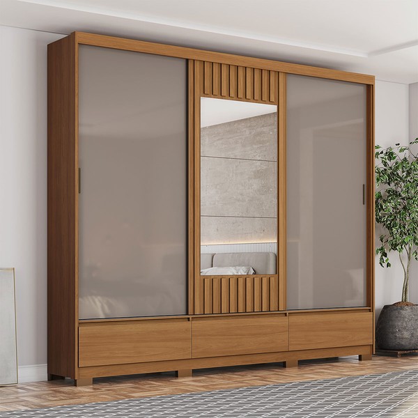 Guarda-Roupa Casal Delvin 3 Portas 3 Gavetas com Espelho Ripado Flex Cinamomo/Off White/Avelã - Henn