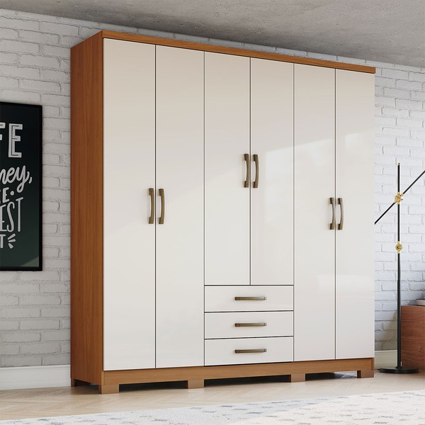 Guarda-Roupa Casal Caju 6 Portas 3 Gavetas Cinamomo/Off White - Henn