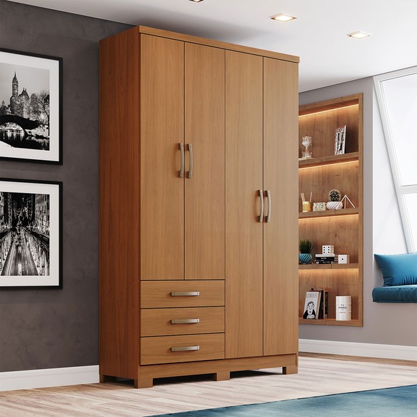 Guarda-Roupa Solteiro Caju 4 Portas 3 Gavetas Cinamomo - Henn