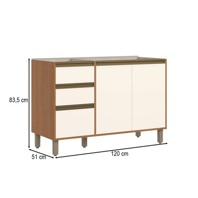 Balcão de Cozinha para Pia 120 Cm Venaly 3 Portas 2 Gavetas Cinamomo/Off White - Henn