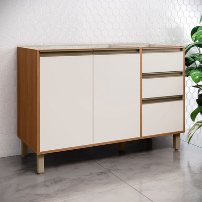 Balcão de Cozinha para Pia 120 Cm Venaly 3 Portas 2 Gavetas Cinamomo/Off White - Henn