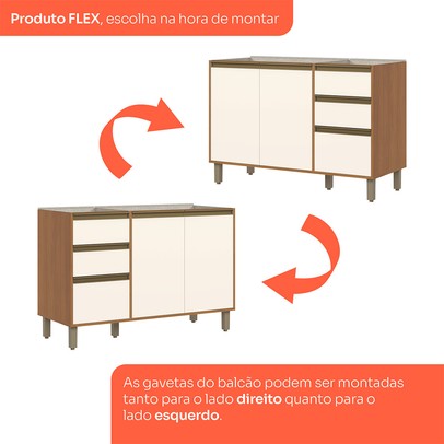 Balcão de Cozinha para Pia 120 Cm Venaly 3 Portas 2 Gavetas Cinamomo/Off White - Henn