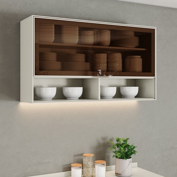 Armário Aéreo Cozinha 120 Cm Fineze 1 Porta com Vidro Reflecta 100% Mdf Areia Hp - Henn