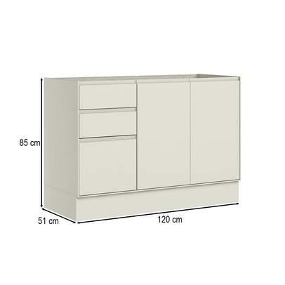 Balcão de Cozinha para Pia 120 Cm Fineze 3 Portas 2 Gavetas 100% Mdf Areia Hp - Henn