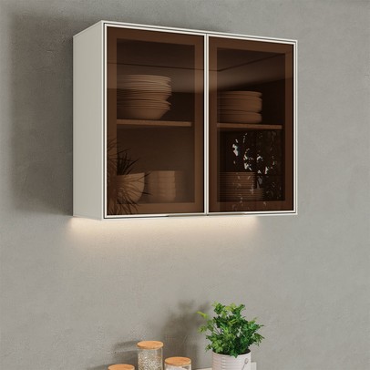 Armário Aéreo Cozinha 80 Cm Fineze 2 Portas com Vidro Reflecta 100% Mdf Areia Hp - Henn