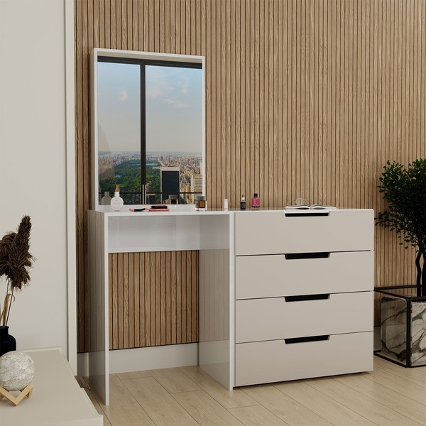 Cômoda Milão 4 Gavetas com Espelho Creme/Branco - Panorama Móveis