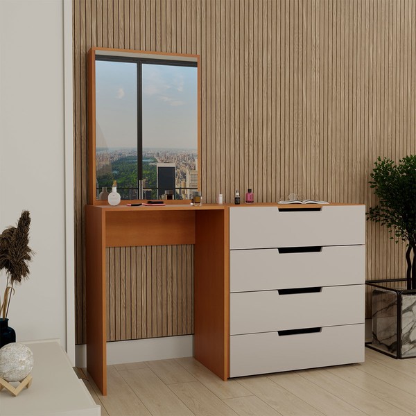 Cômoda Milão 4 Gavetas com Espelho Creme/Freijó - Panorama Móveis
