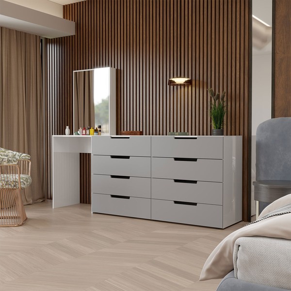 Cômoda Milão 8 Gavetas com Espelho Cinza/Branco - Panorama Móveis