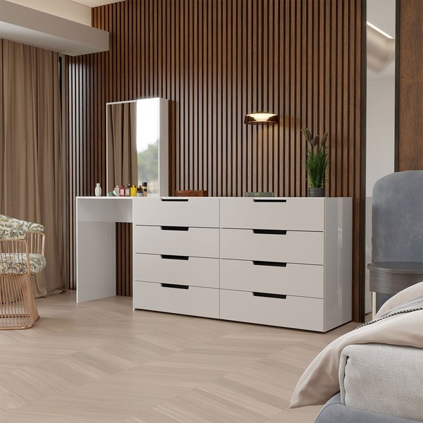 Cômoda Milão 8 Gavetas com Espelho Creme/Branco - Panorama Móveis