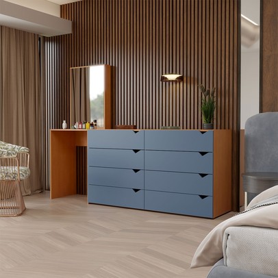 Cômoda Veneza 8 Gavetas com Espelho Azul/Freijó - Panorama Móveis