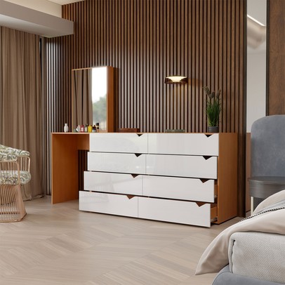 Cômoda Veneza 8 Gavetas com Espelho Branco/Freijó - Panorama Móveis