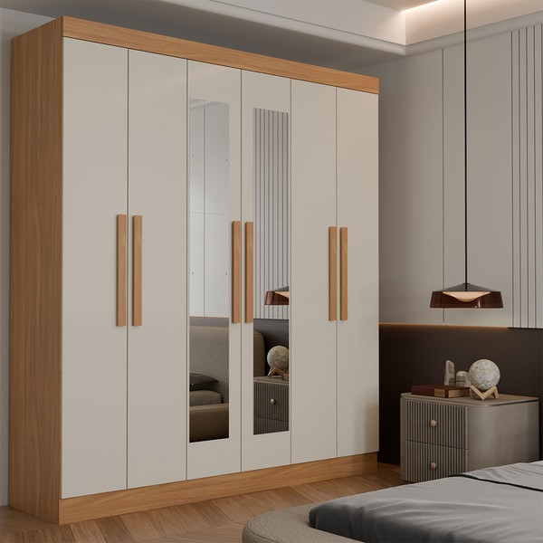 Guarda-Roupa Casal Albuquerque 6 Portas 2 Gavetas 100% Mdf com Espelho Cinamomo/Off White - Panorama Móveis