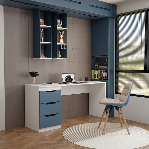 Mesa para Escritório Madri 3 Gavetas Azul/Branco - Panorama Móveis