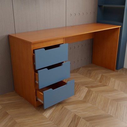 Mesa para Escritório Madri 3 Gavetas Azul/Freijó - Panorama Móveis