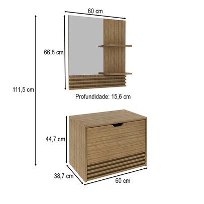 Armário de Banheiro 60 Cm 1 Porta 1 Gaveta com Espelho Ripado Bn3689 Amêndoa - Tecno Mobili