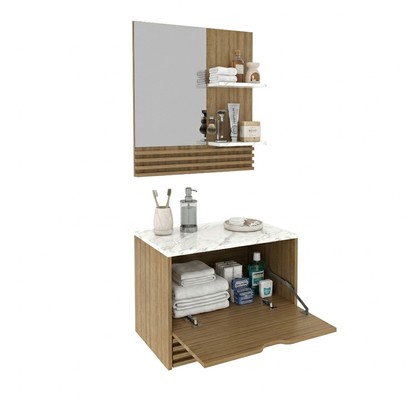 Armário de Banheiro 60 Cm 1 Porta 1 Gaveta com Espelho Ripado Bn3689 Amêndoa/Mármore Branco - Tecno Mobili