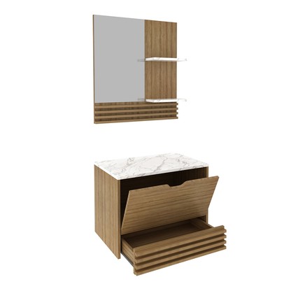 Armário de Banheiro 60 Cm 1 Porta 1 Gaveta com Espelho Ripado Bn3689 Amêndoa/Mármore Branco - Tecno Mobili