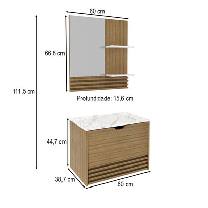 Armário de Banheiro 60 Cm 1 Porta 1 Gaveta com Espelho Ripado Bn3689 Amêndoa/Mármore Branco - Tecno Mobili