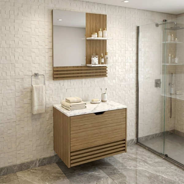 Armário de Banheiro 60 Cm 1 Porta 1 Gaveta com Espelho Ripado Bn3689 Amêndoa/Mármore Branco - Tecno Mobili