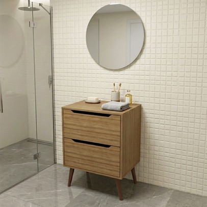 Armário de Banheiro 60 Cm 2 Gavetas com Espelho Bn3690 Amêndoa - Tecno Mobili