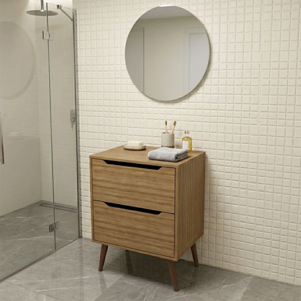 Armário de Banheiro 60 Cm 2 Gavetas com Espelho Bn3690 Amêndoa - Tecno Mobili