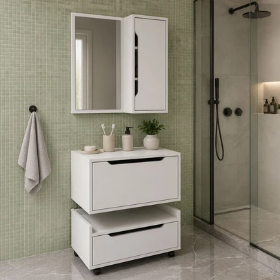 Armário de Banheiro 60 Cm 1 Gaveta 2 Portas com Espelho Bn3692 Branco - Tecno Mobili