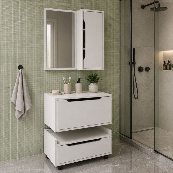 Armário de Banheiro 60 Cm 1 Gaveta 2 Portas com Espelho Bn3692 Branco - Tecno Mobili