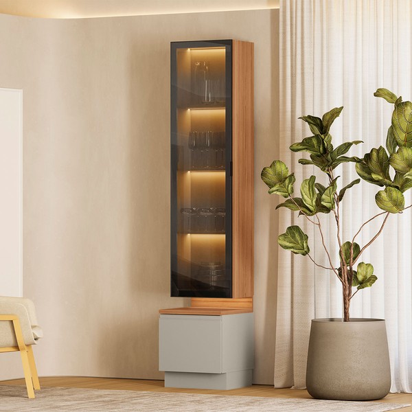 Cristaleira Magnum 2 Portas 3 Prateleiras com Vidro e Led Canela/Gris Fosco - Linea Brasil