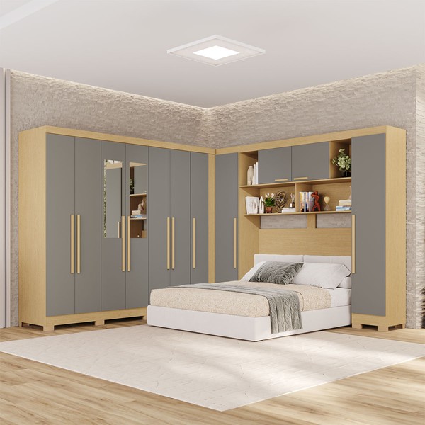 Guarda-Roupa Casal Modulado Pandora 11 Portas 2 Gavetas com Espelho e Pés Jequitibá/Granizo - Pnr Móveis