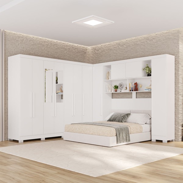 Guarda-Roupa Casal Modulado Pandora 11 Portas 2 Gavetas com Espelho e Pés Branco - Pnr Móveis