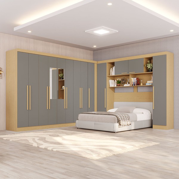 Guarda-Roupa Casal Modulado Portofino 13 Portas 4 Gavetas com Espelho Jequitibá/Granizo - Pnr Móveis
