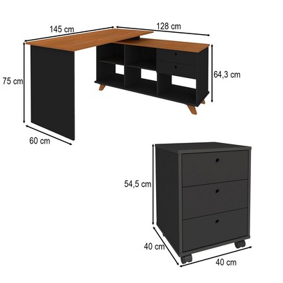 Mesa Escrivaninha com Gaveteiro Novo 5 Gavetas Preto/Olmo - Pnr Móveis