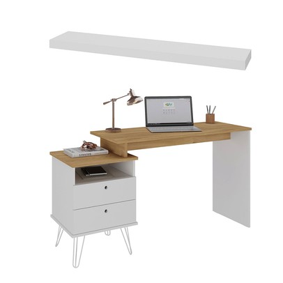 Mesa Escrivaninha com Prateleira Tamburato Premium 2 Gavetas Branco/Olmo - Pnr Móveis