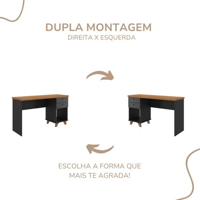 Mesa Escrivaninha com Prateleira Tamburato Céu 2 Gavetas Freijó/Preto - Pnr Móveis